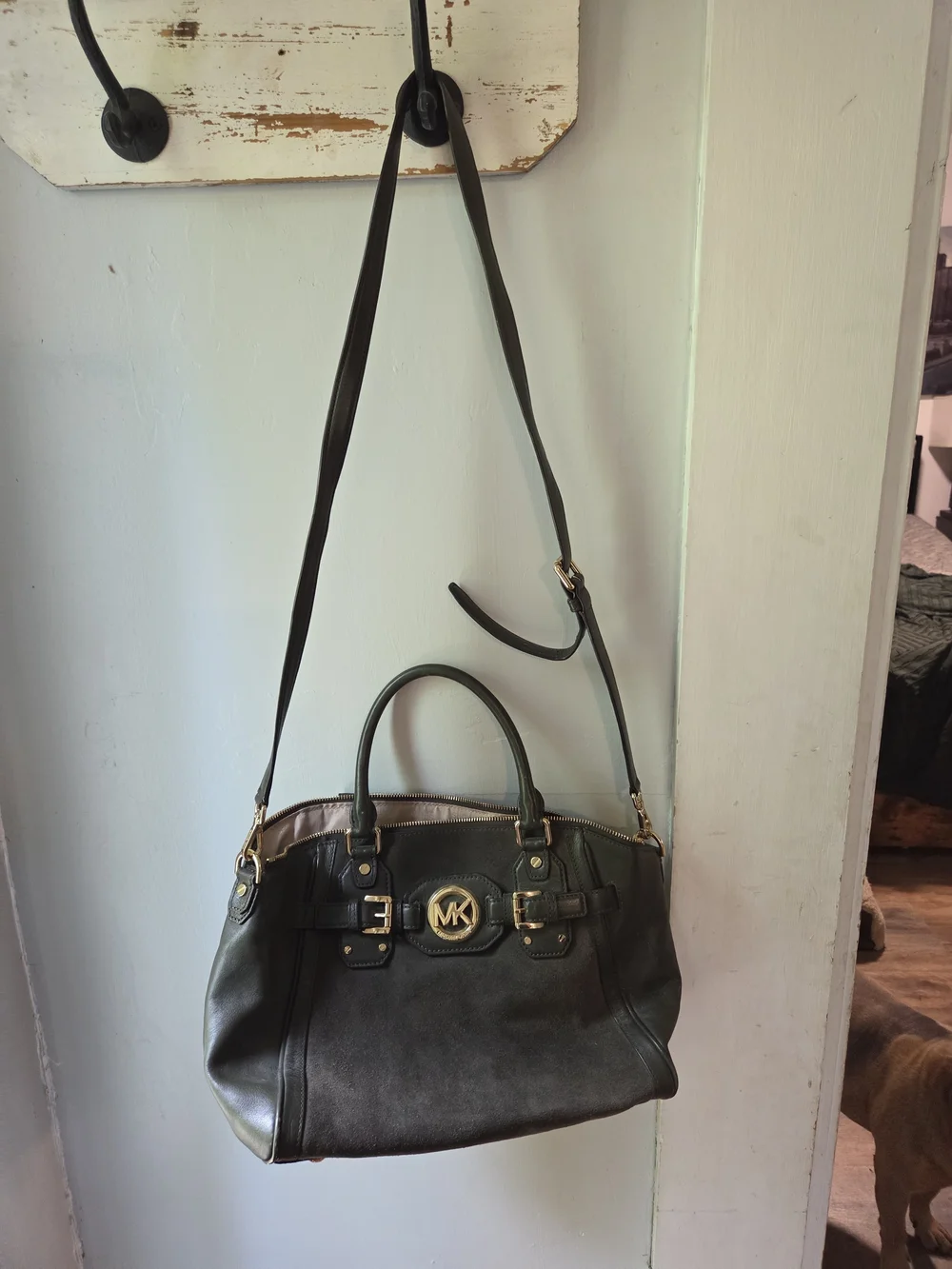 Michael Kors Olive Green Leather Satchel with Signature MK Emblem